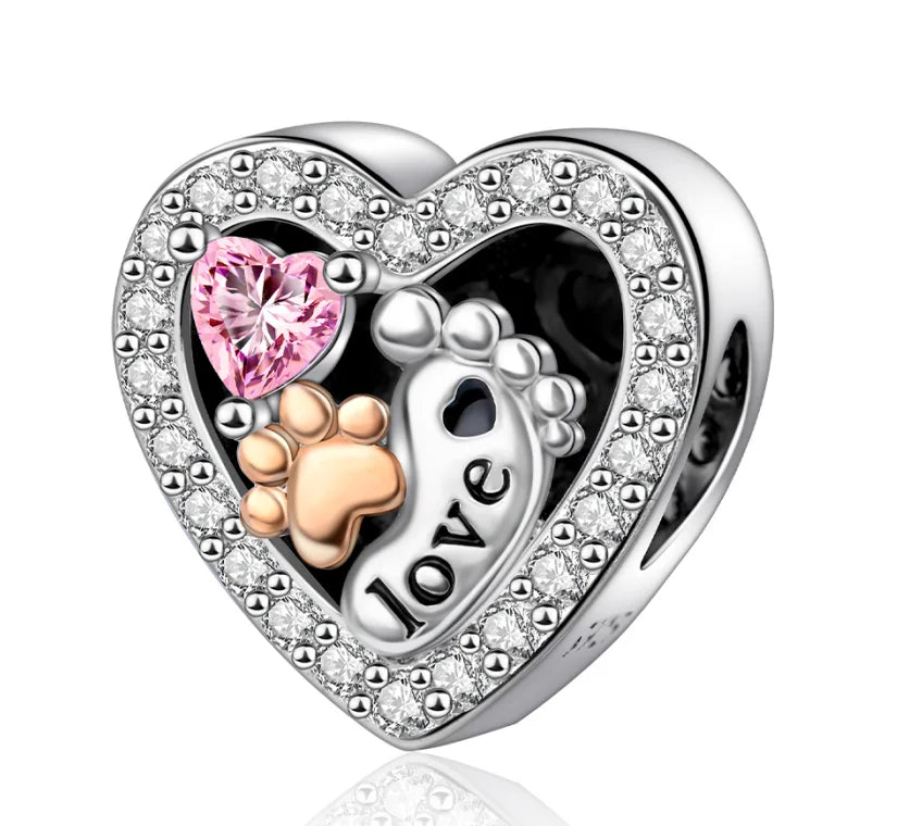 Bezaubernde herzförmige Perlen aus 925er-Sterlingsilber, Familie, Liebe, Tier, Fußabdruck, Charm-Armband, Halskette, passend für Frauen, DIY-Urlaubsgeschenke