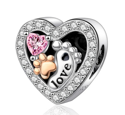 Bezaubernde herzförmige Perlen aus 925er-Sterlingsilber, Familie, Liebe, Tier, Fußabdruck, Charm-Armband, Halskette, passend für Frauen, DIY-Urlaubsgeschenke