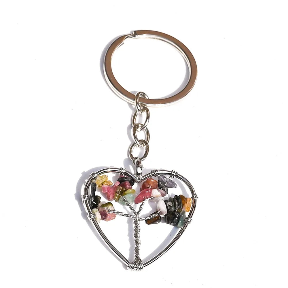 10 stücke Frauen natürlichen Chip Quarz Stein Perle 30mm Herz runden Baum des Lebens Schlüssel anhänger Lanyard Großhandel Schlüssel ringe