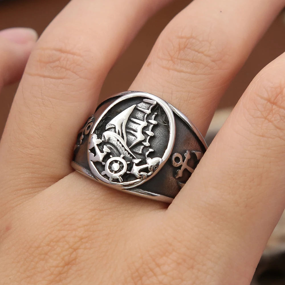 Mode Vintage Nordic Segelboot Piraten Ring Männlichen 316L Edelstahl Viking Kompass Ringe Biker Amulett Schmuck Geschenk Großhandel