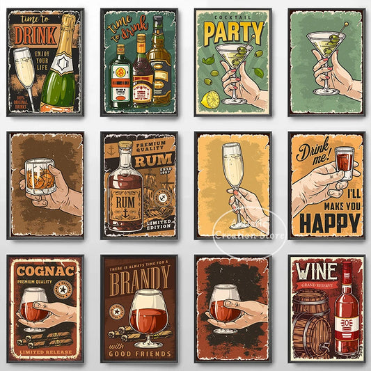 Vintage Brandy Alkohol guter Freund Poster geboren, um Whisky Kunstdrucke Leinwand Malerei Wandbilder Küche Zimmer Club Dekor zu trinken