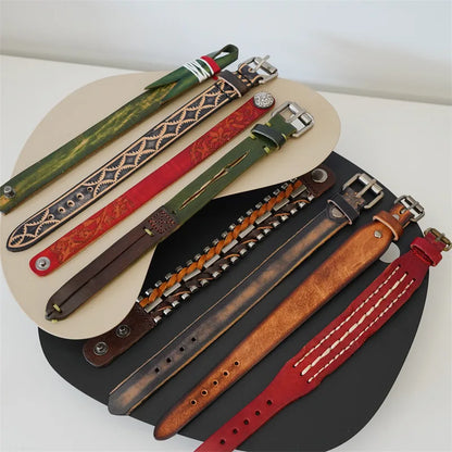 MKENDN Vintage pflanzlich gegerbtes Rindsleder-Manschettenarmband für Männer und Frauen, Punk-Armreif, geriebenes Distressed-Denim-farbiges Armband