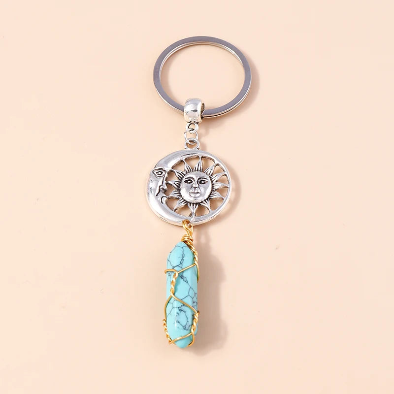 Nette Natürliche Stein Keychians Retro Silber Farbe Legierung Sonne Charms Schlüsselanhänger Frauen Männer Handtasche Anhänger Schlüssel Ketten DIY Zubehör