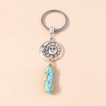 Nette Natürliche Stein Keychians Retro Silber Farbe Legierung Sonne Charms Schlüsselanhänger Frauen Männer Handtasche Anhänger Schlüssel Ketten DIY Zubehör