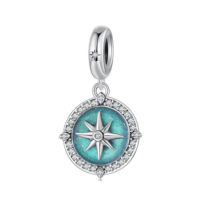 Bamoer Kompass-Anhänger aus 925er-Sterlingsilber, Emaille, blau, voll eingekreist, Zirkon-Perlen für Frauen, DIY-Halsketten-Zubehör, Kristall-Geschenk