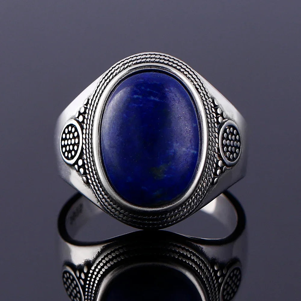 Silber S925 Ring Natürliche Große Oval Lapis Ringe für Männer Frauen Retro Luxus Edlen Schmuck Party Jahrestag Geschenk