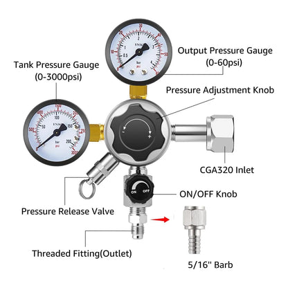 CGA-320 Fassungsregler, abnehmbares Ausgangsgewindeventil, 0–60 PSI Homebrew Co2-Regler für kohlensäurehaltiges Bier