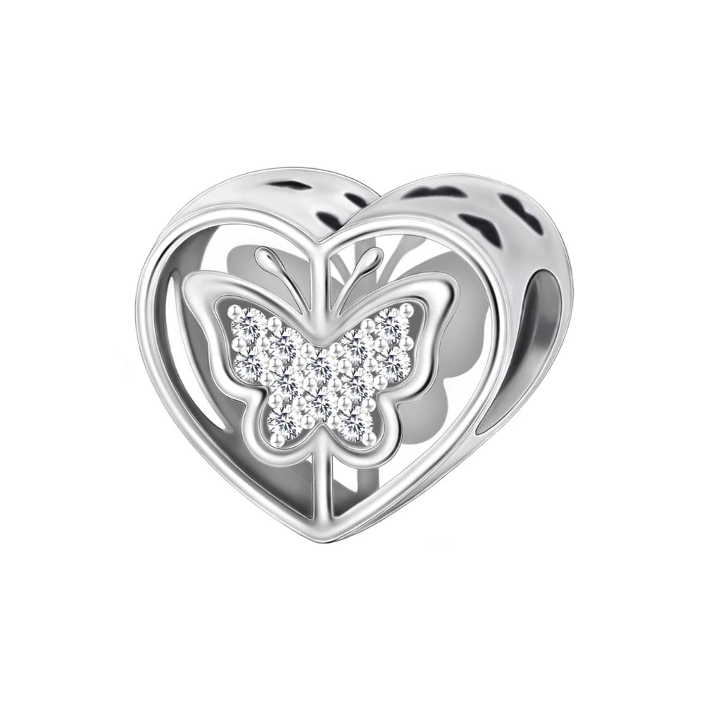 Exquisiter 925er-Sterlingsilber-Charm mit funkelndem Edelstein, Schlüssel, Blume, Schmetterling, passend für DIY-Armbänder, Halsketten, edler Schmuck, Geschenke