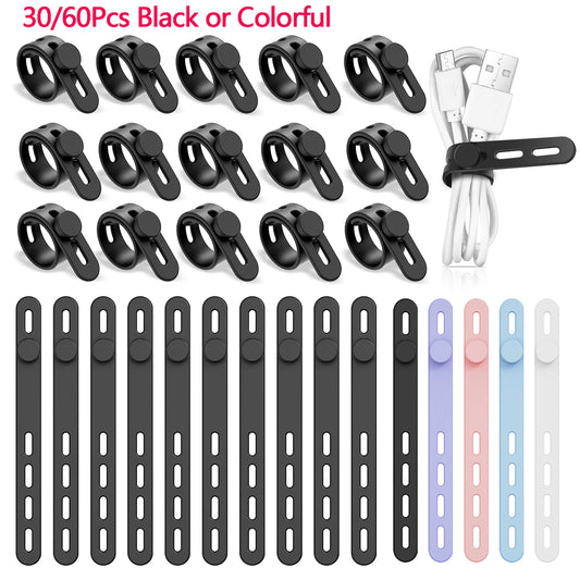 30/60 Stück Silikon-Kabelbinder, Draht-Organizer, schwarz, verstellbare Kabelbinder, wiederverwendbar, Kabelmanagement, Kabel-Organizer, Befestigung