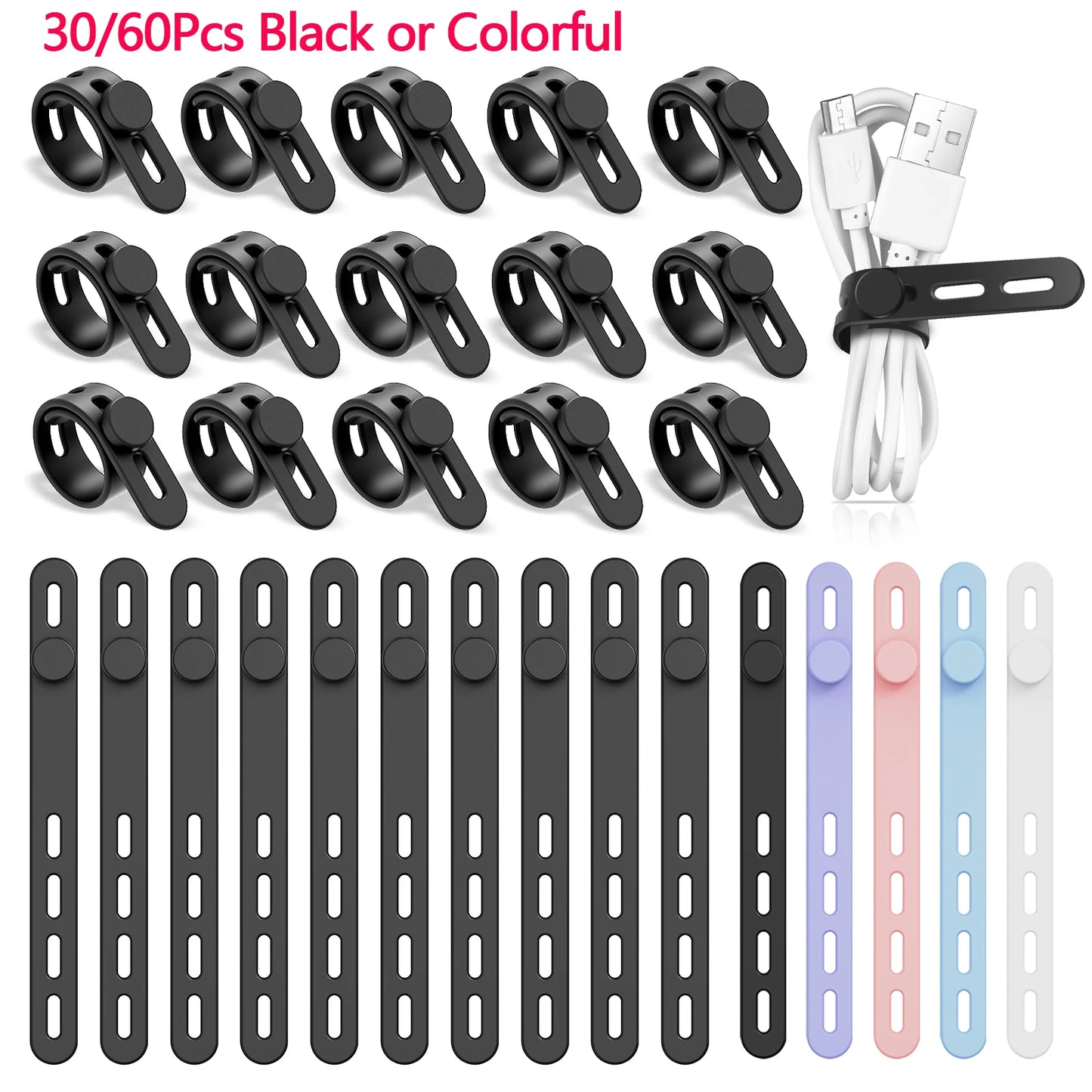 30/60 Stück Silikon-Kabelbinder, Draht-Organizer, schwarz, verstellbare Kabelbinder, wiederverwendbar, Kabelmanagement, Kabel-Organizer, Befestigung