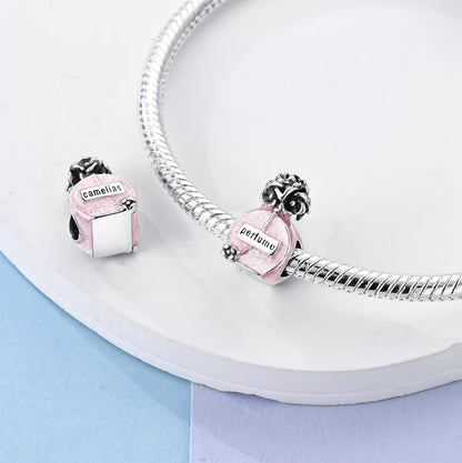 Original 925er Sterlingsilber, rosa Serie, Charms, Perlen, Schleife, Parfümflasche, herzförmiger Kreuz-Anhänger, passend für Armband, DIY-Schmuck