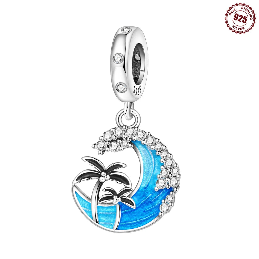 Blue Series Charm-Anhänger aus 925er-Sterlingsilber, Dackel-Feder, Meer, Kokosnussbaum, Stern, Hexe, passend für DIY-Armbänder, Halsketten, Partygeschenke