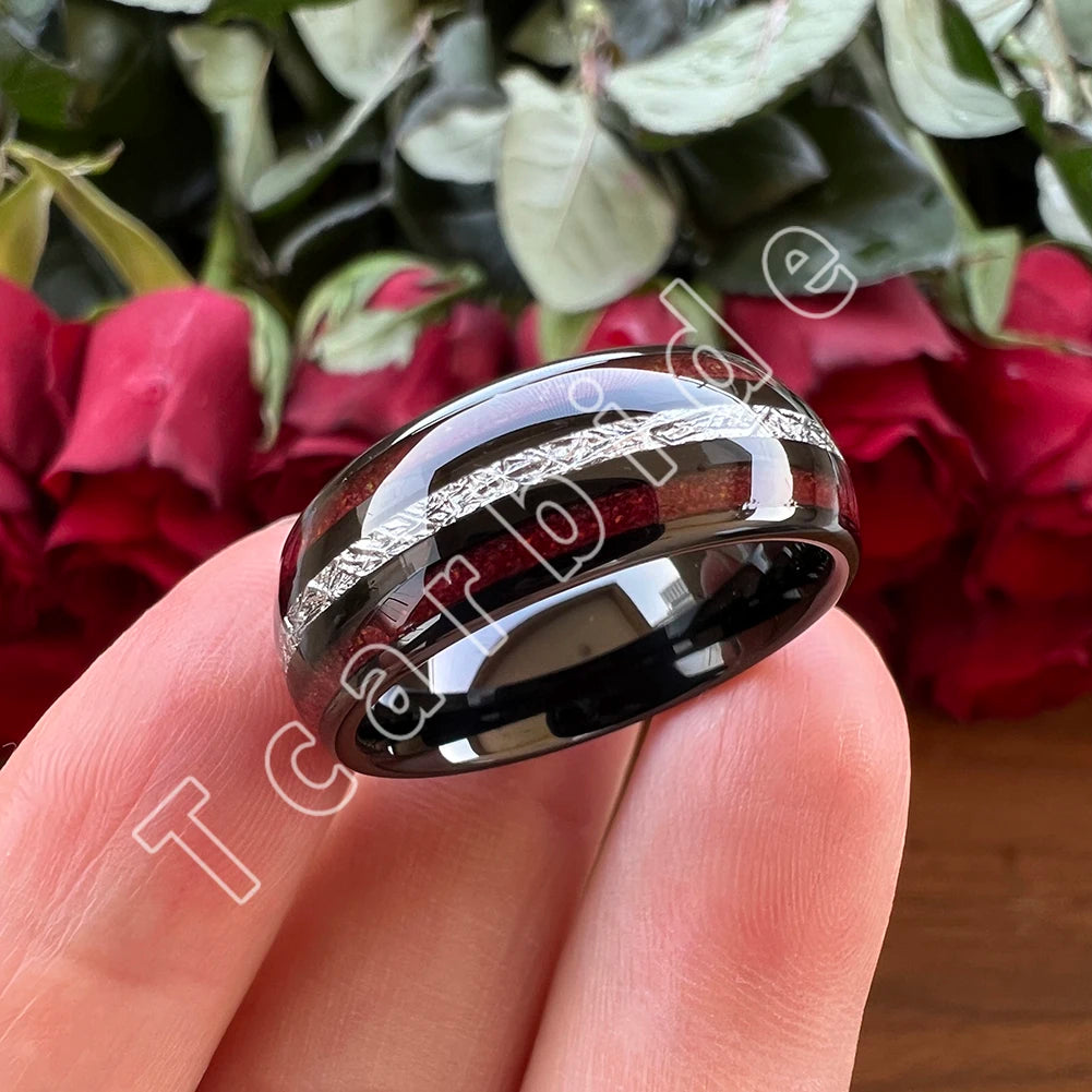 Dropshipping 8MM Männer Frauen Schöne Hochzeit Band Wolfram Rot Opal Ring mit Helle Meteorit Inlay Gewölbt Poliert Komfort Fit