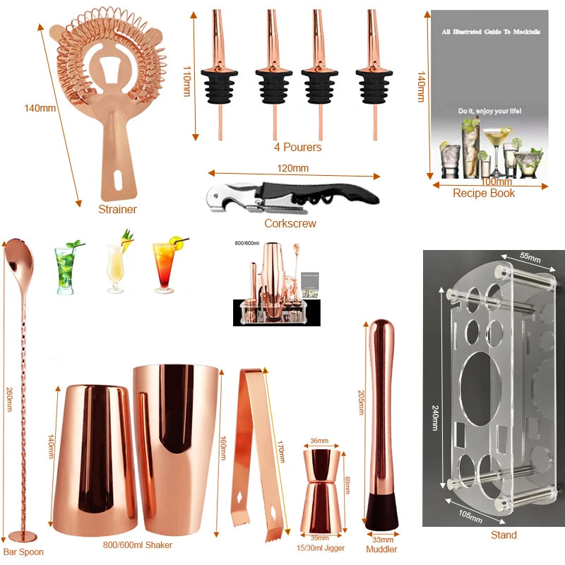 12 Stück Schwarz/Roségold/Silber 800/750/600 ml Boston Shaker Barkeeper Kit Cocktail Shaker Set Bar Werkzeuge Ständer Cocktail Rezept