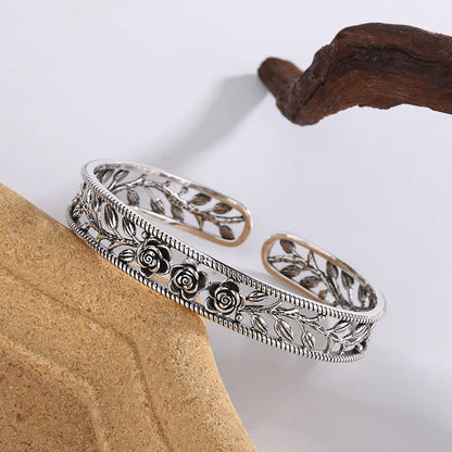 Neue Retro Rose Blatt Hohl Armbänder 925 Sterling Silber Schmuck Temperament Persönlichkeit Süße Blume Öffnung Armreifen TYB119
