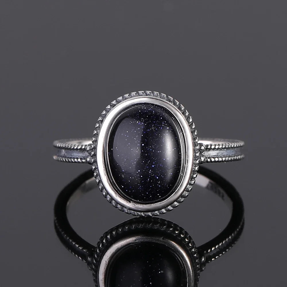 Ring aus 925er-Sterlingsilber, oval, rund, natürlicher blauer Sandstein, Ring für Frauen, Geschenk, Retro-Luxus, edler Schmuck