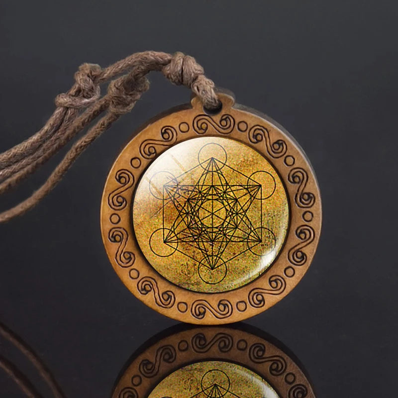 Mandala glass necklace, retro art, wooden pendant, Buddhist sacred geometry, jewelry, spiritual yoga gift