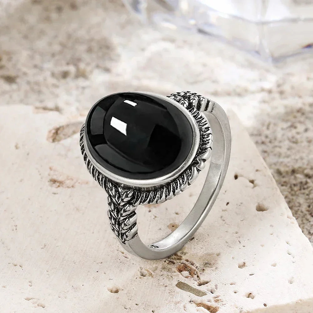 Vintage-Ring aus 925er Silber, natürlicher schwarzer Onyx-Ring, kreisförmiger Denier-Typ, Pferdeauge-Design, Geschenk, edler Schmuck, schwarzer Ring für Männer und Frauen