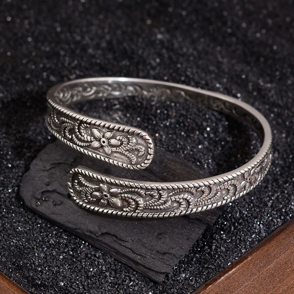 Neue Ankunft Vintage Carving Blume Thai Silber Damen Armreif Promotion Schmuck Für Weihnachtsgeschenke Nie Verblassen