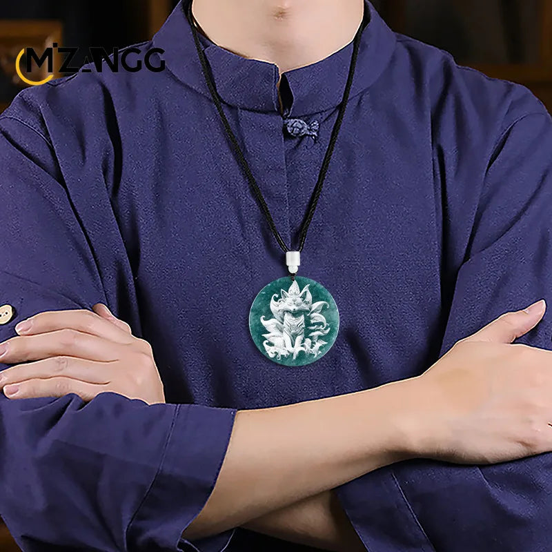 Natürliche Jadeit blau Wasser Neun-Schwanz-Fuchs Anhänger Schatten schnitzen Drachen Männer und Frauen Jade Halskette benutzer definierte exquisite Schmuck