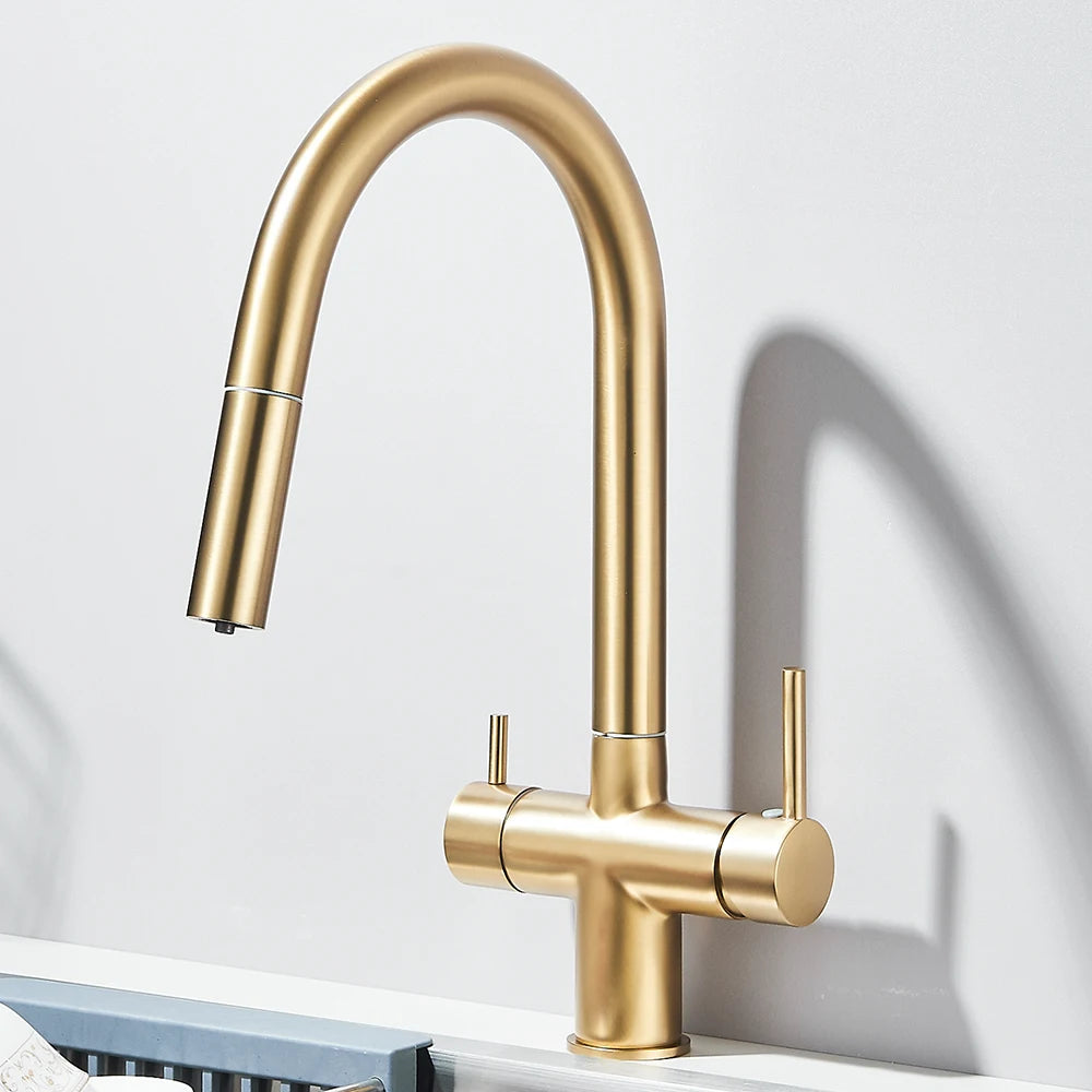 Gefilterter Küchenspüle-Wasserhahn mit einziehbarem Sprühgerät, Messing-Wasserfilterhahn, Trinkwasserhahn, Waschbeckenmischer für die Küche