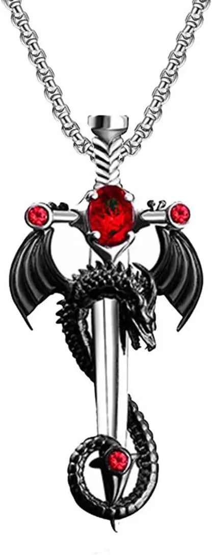 Gotische Drachenschwert-Kreuz-Anhänger-Halskette – Punk-Zirkon-Drachenanhänger – Vintage-Schwert-Anhänger – Dunkler Gothic-Schmuck für Herren & Damen