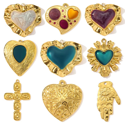 3 teile/los Französisch Retro Edelstahl Emaille Liebe Herz Halskette Anhänger Hamsa Hand DIY Ohrring Charme Frauen Große Kreuz Schmuck
