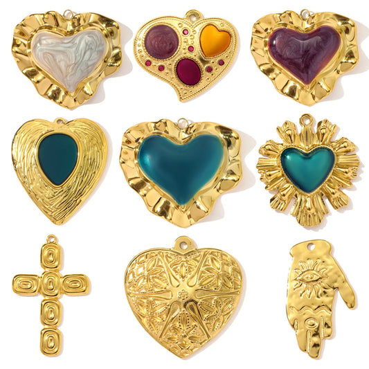 3pcs/lot French Retro Stainless Steel Enamel Love Heart Necklace Pendant Hamsa Hand DIY Earring Charm Women Big Cross Jewelry