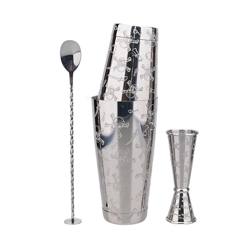 Elegantes Edelstahl Boston Cocktail Shaker Set 500/700ml+30/60ml Jigger — Graviert, Barkeeper, Barzubehör, Mixer, Professionell