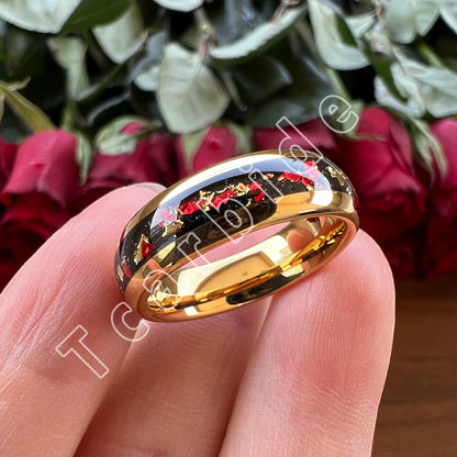 Dropshipping 6mm 8mm 18k Gold Farbe Kuppel Ehering Schöner Wolframkarbid Ring mit roter und Goldfolieninlage Comfort Fit