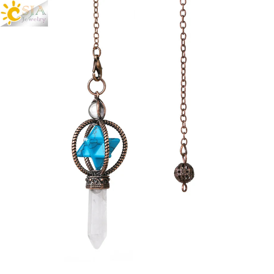 CSJA Esoterik Kristallpendel für Wünschelpen, Weissagung, Pendel, Merkaba, Naturstein-Anhänger, klarer Quarz, rote Bronze, G930