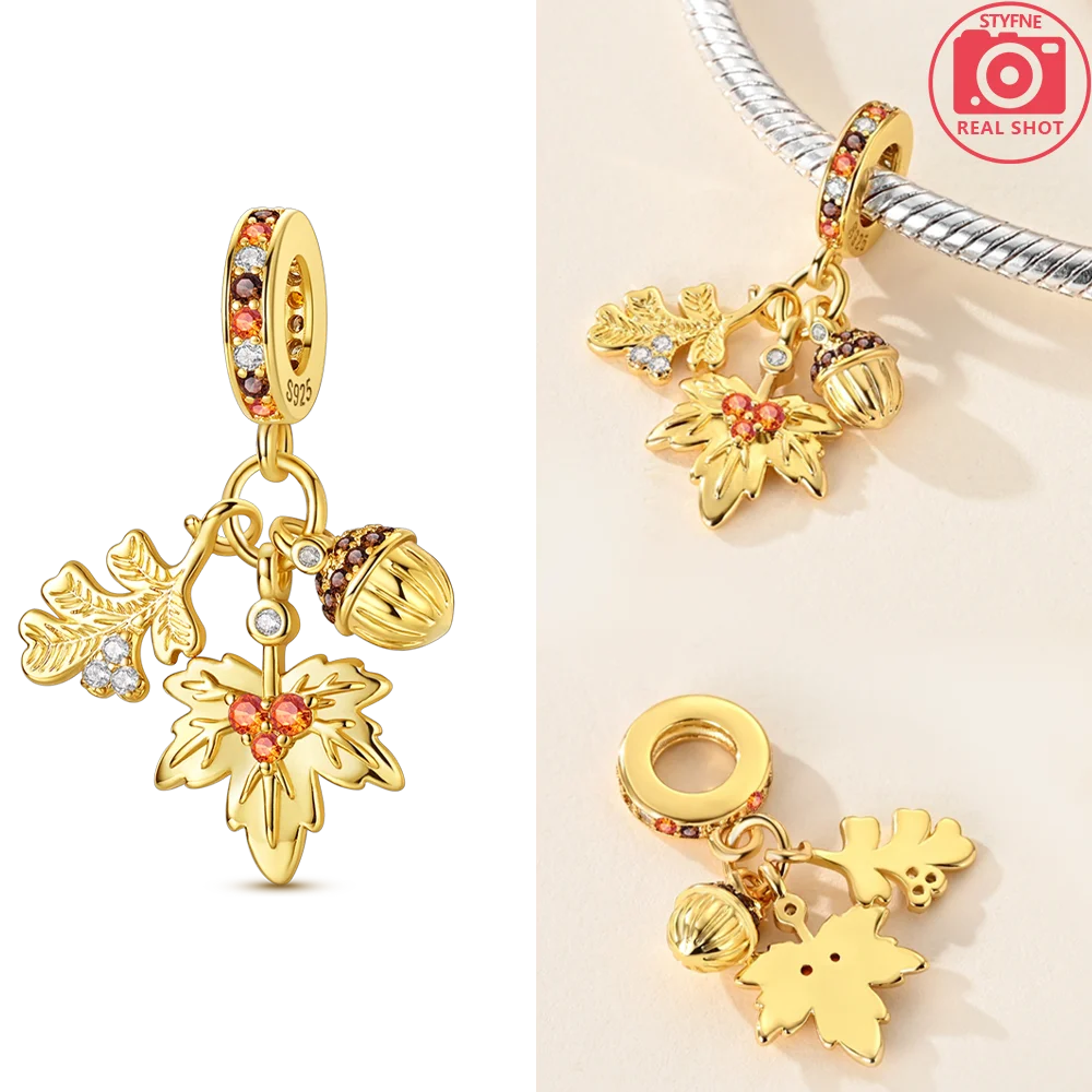 Charms aus 925er Silber, Original-Gold, exquisiter Schmetterlings-Anhänger, Ahornblatt-Herz-Perlen, passend für Armbänder, Damenschmuck, DIY-Zubehör, Geschenk