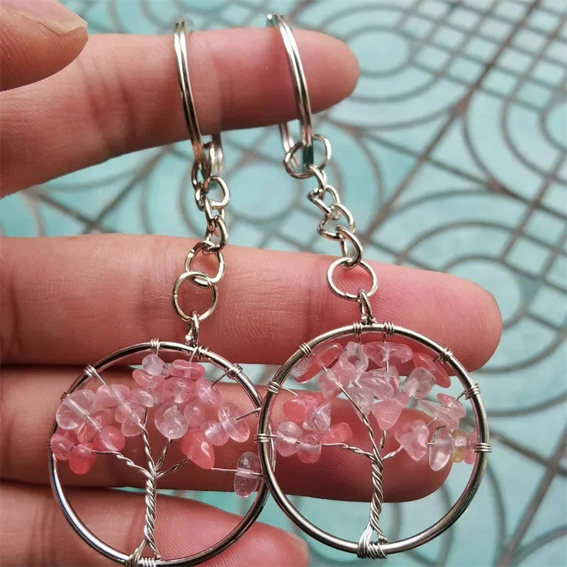 10 stücke Frauen natürlichen Chip Quarz Stein Perle 30mm Herz runden Baum des Lebens Schlüssel anhänger Lanyard Großhandel Schlüssel ringe