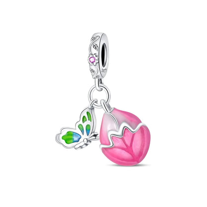 Bunter Schmetterlingsanhänger aus 925er-Sterlingsilber mit Blumen, Perlen, Käfer und Marienkäfer, passend für Armbänder, exquisite Anhänger-Geschenke