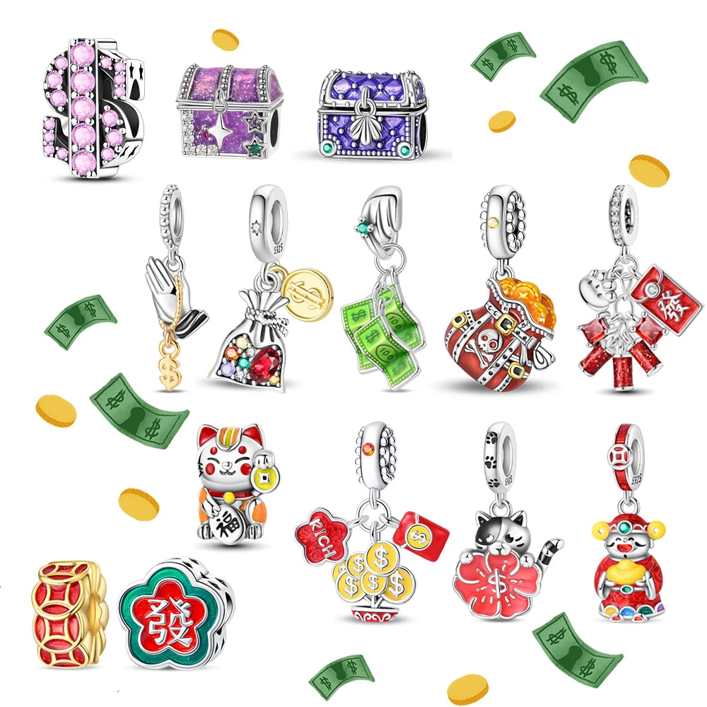 Glücksbringer aus 925er-Sterlingsilber, Geldbaum, glückliche Katze, Gott des Reichtums, Dollar-Schatz-Charm, passend für DIY-Armbänder, Halsketten, viel Glück, Wunschgeschenk