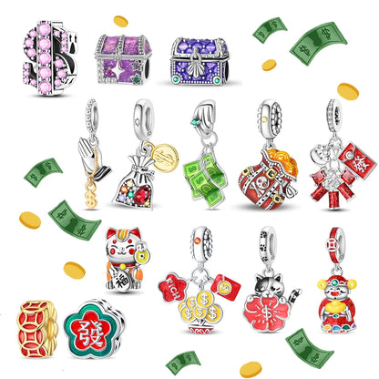 Glücksbringer aus 925er-Sterlingsilber, Geldbaum, glückliche Katze, Gott des Reichtums, Dollar-Schatz-Charm, passend für DIY-Armbänder, Halsketten, viel Glück, Wunschgeschenk