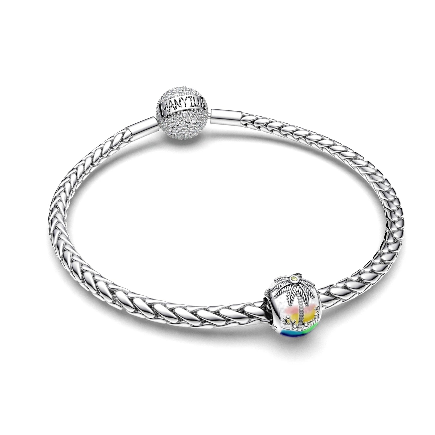 Manyilus S925 Silber Kokosnussbaum Strand Charm für Original Armband, Tropische Insel Schmuck Anhänger DIY, Sommer Urlaub Geschenk