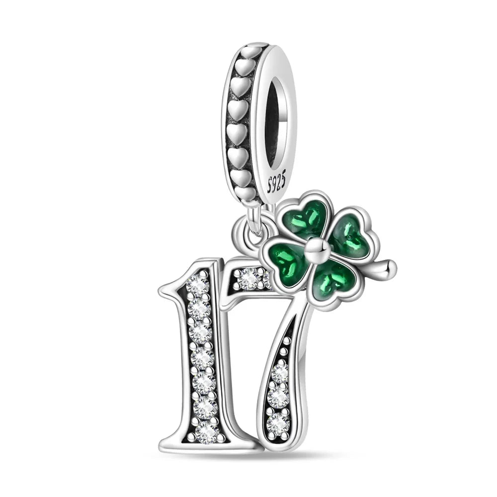 Glücksbringer aus 925er-Sterlingsilber mit vierblättrigem Kleeblatt, Hufeisenkrabbe, Marienkäfer-Zahlen-Charm, passend für DIY-Armbänder, Halsketten, Gesundheit, Glücksgeschenke
