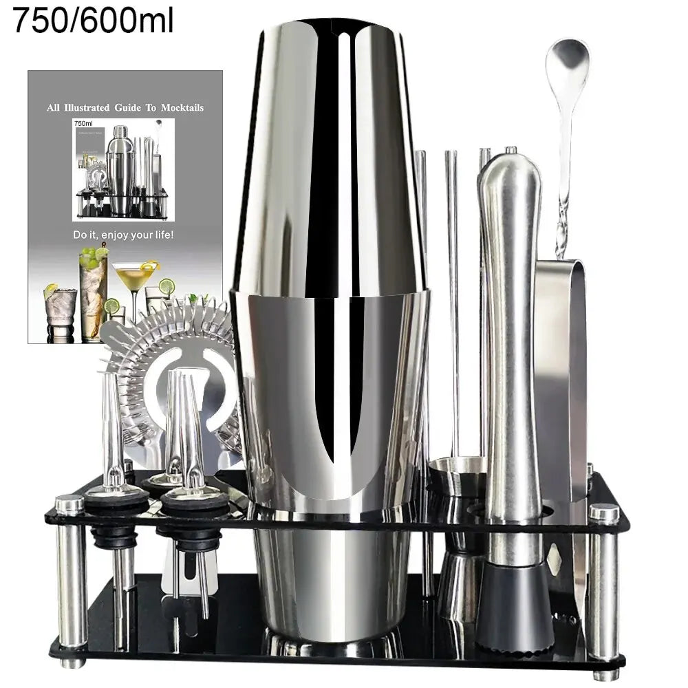 13-teiliges 750 ml 600 ml Cocktail-Shaker-Set, Bar-Werkzeuge aus Edelstahl mit schwarzem Ständer, 750 ml Shaker, Jigger, Löffel, Ausgießer
