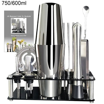 13-teiliges 750 ml 600 ml Cocktail-Shaker-Set, Bar-Werkzeuge aus Edelstahl mit schwarzem Ständer, 750 ml Shaker, Jigger, Löffel, Ausgießer