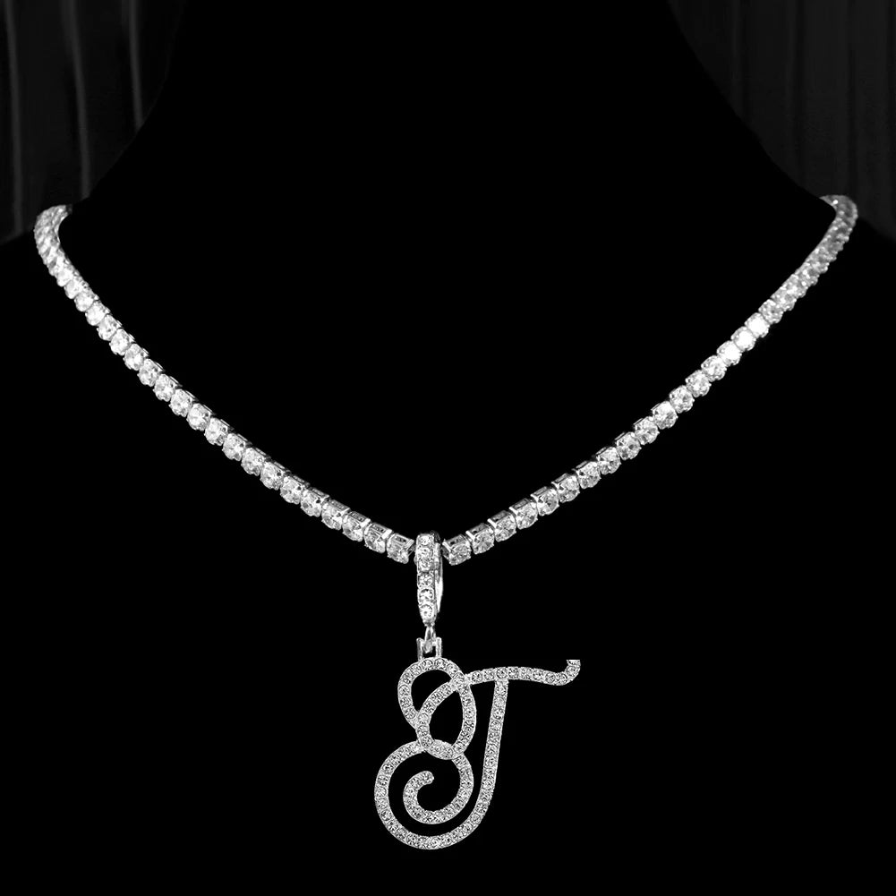 Neue Kursive Buchstaben Kubische Zirkonia Kette Initialen Namenskette Hip-Hop Schmuck Gold Silber Farbe CZ 26 Alphabet Anhänger Halsketten