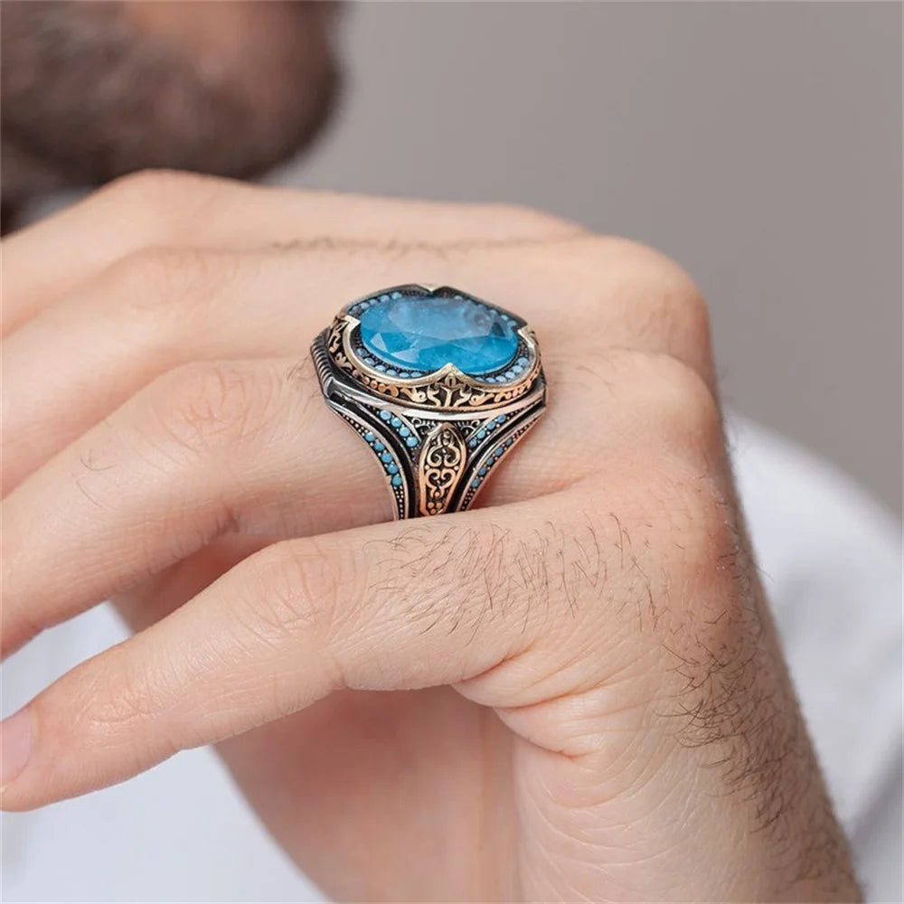 Vintage Herren handgemachte türkische blaue Zirkon Stein Ring alte Silber Farbe Muster Ring trendige islamische religiöse muslimische Schmuck