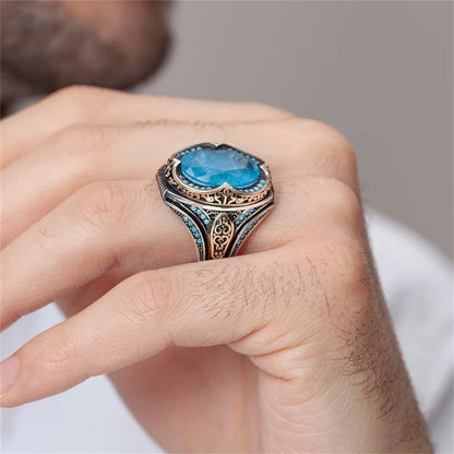 Vintage Herren handgemachte türkische blaue Zirkon Stein Ring alte Silber Farbe Muster Ring trendige islamische religiöse muslimische Schmuck