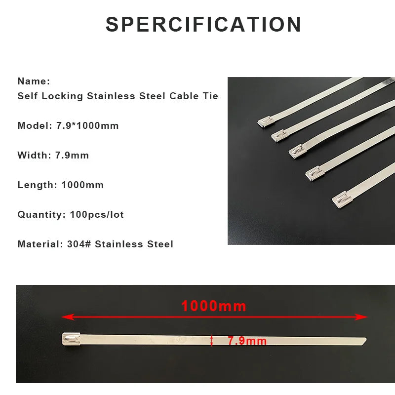 100 Stück 304 # Edelstahl-Kabelbinder, 7,9 x 1000 mm, robust, selbstsichernd, superlang, Einweg-Befestigungsklemme, Bindeseil