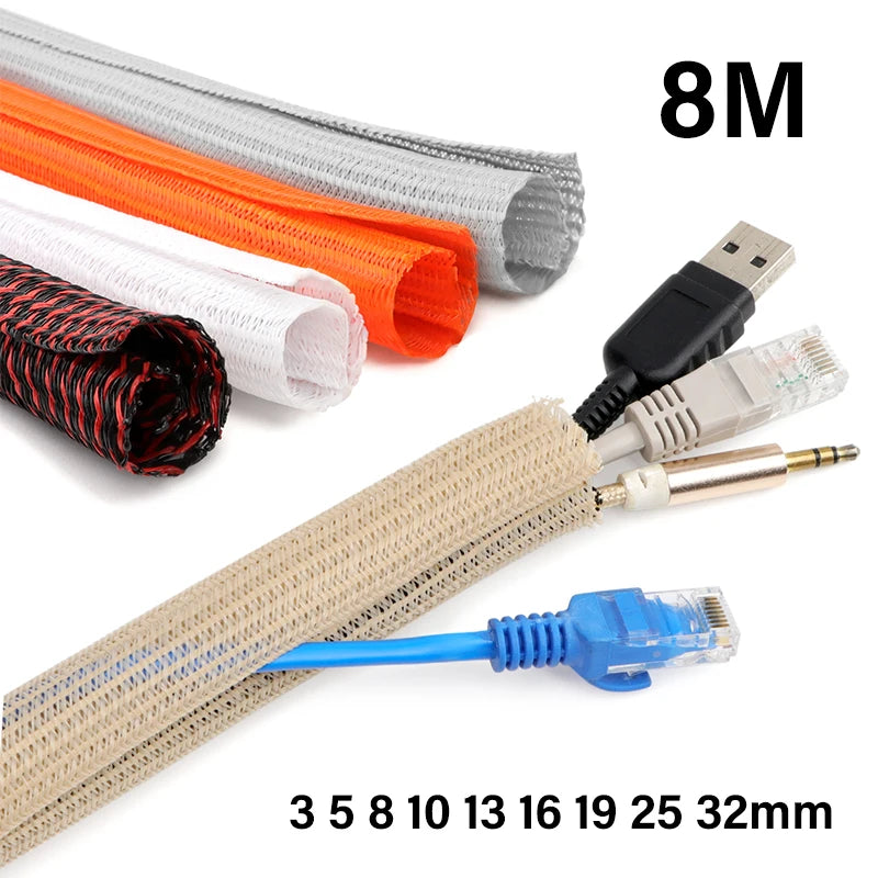 8 Meter selbstschließende Kabelhülse, 3, 5, 8, 10, 13, 16, 19, 25, 32 mm, PET-geflochten, verschleißfest, isolierter Schutz, Kabelorganisator-Hülle