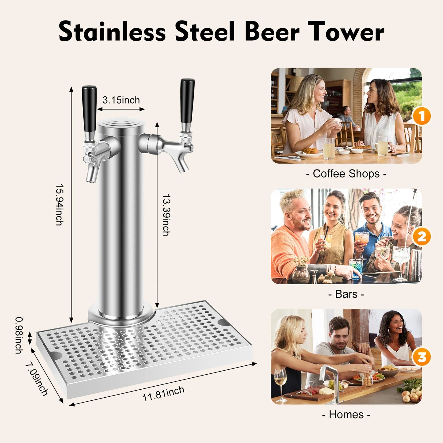 Dual-Wasserhahn-Bierturmspender mit Tropfschale, vormontierter Schlauchschlüssel, Werkzeuge, Basteln, Biersäulen-Set für Bar, Zuhause, Restaurant