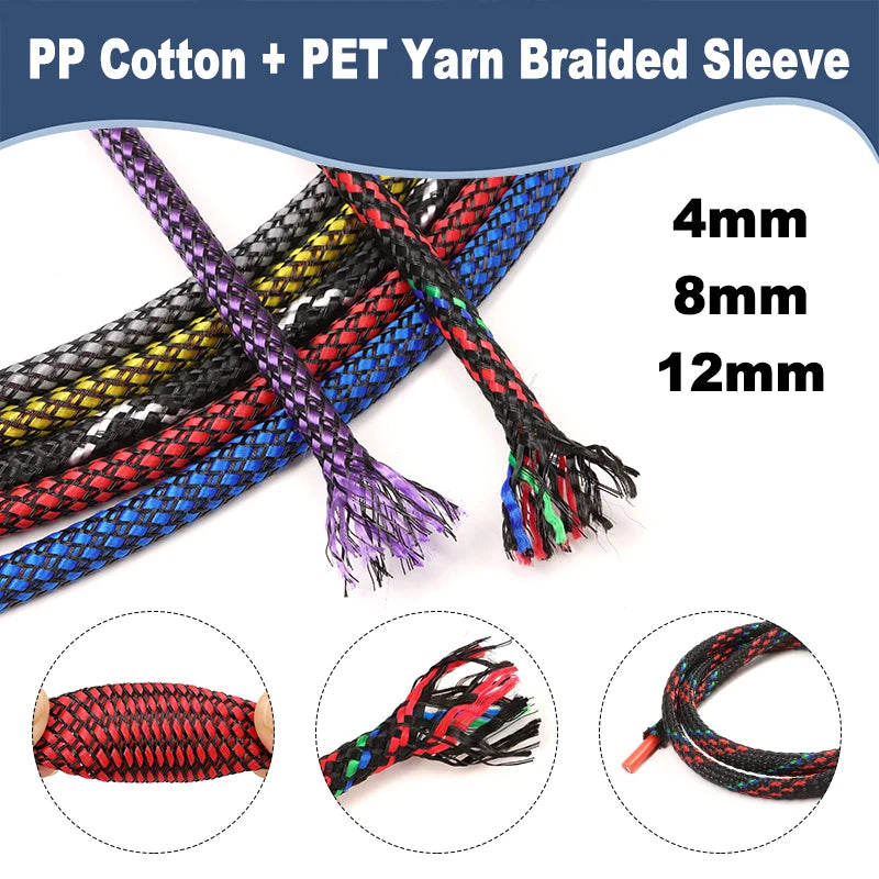 10M/Rolle Neue PET-Garn + PP-Baumwolle Geflochtene Isolierhülle 4mm 8mm 12mm Kabelummantelung Drahtschutz Kabelummantelungsschlauch