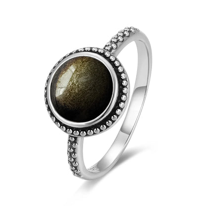 Vintage S925 Sterling Silber Ring Oval Runde Natürliche Obsidian Ring Sonne Und Blume Geformt Retro Edlen Schmuck Für Frauen Männer