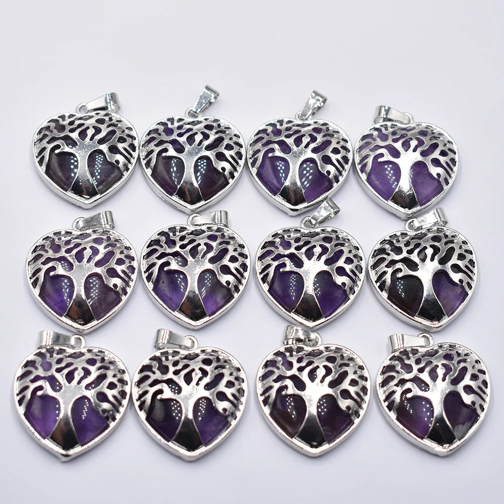 Großhandel 12 teile/los Mode natürliche Amethyste Lapis Herz Legierung Baum des Lebens Anhänger für Schmuck Zubehör Markierung kostenlos