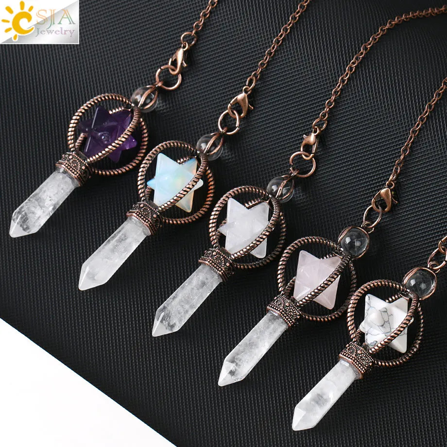 CSJA Esoterik Kristallpendel für Wünschelpen, Weissagung, Pendel, Merkaba, Naturstein-Anhänger, klarer Quarz, rote Bronze, G930